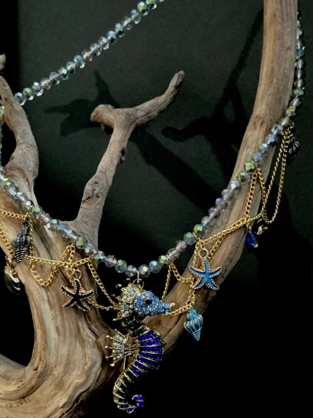 ARTISAN 18" GOLDTONE AB CRYSTAL SNAKE CHAIN NECKLACE WITH SEAHORSE PENDANT